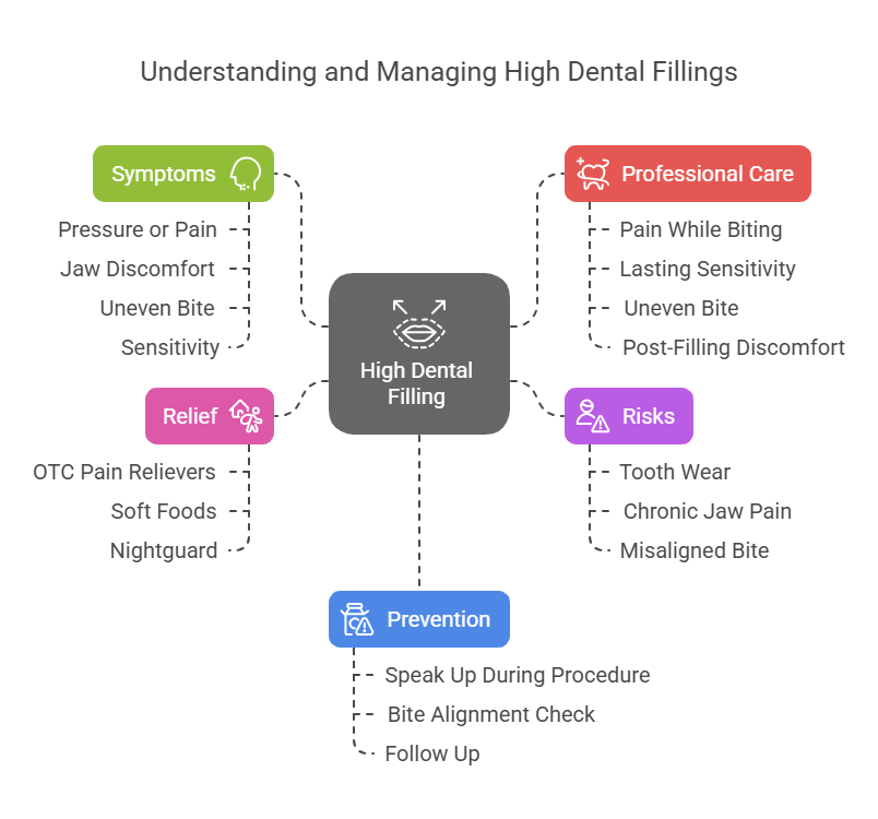 symptoms, professional care, relief, risk, and prevention of high dental filling