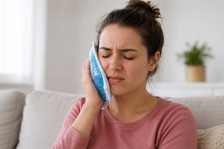 Apply an ice pack wrapped in a thin towel to the outside of the cheek over the sensitive area