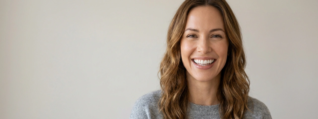 Smiling woman showcasing natural porcelain veneers result at Inglewood Smiling woman showcasing natural porcelain veneers result at Inglewood